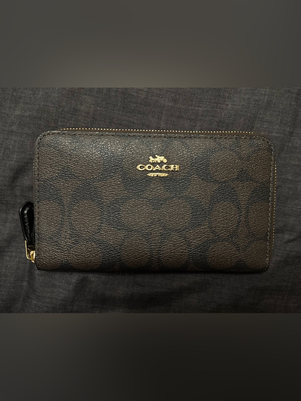 COACH Brown Signature Canvas Bi-Fold Wallet with Gold Logo